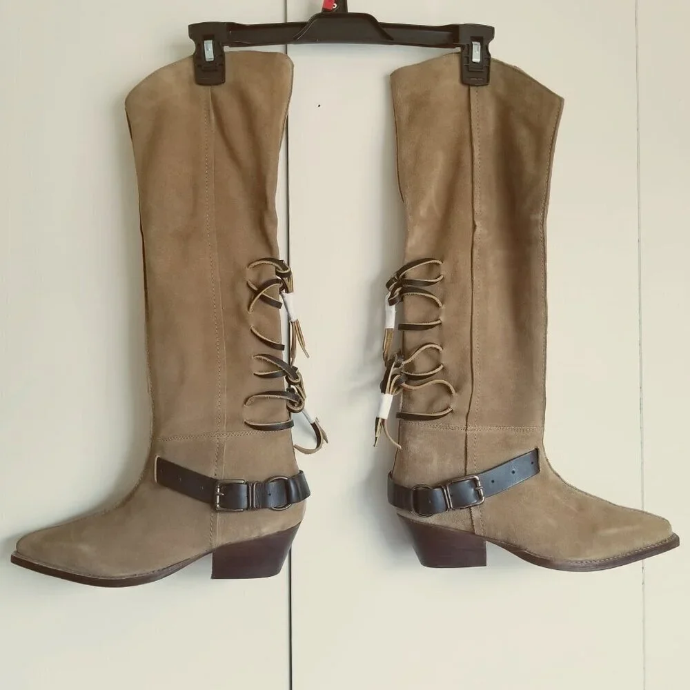 NWOB Free People Black Lace Sway Low Slouchy Suede Leather Knee High Boots 6.5